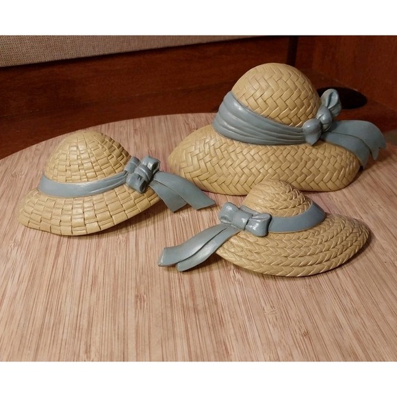 Burwood Other - Wall Hanging Burwood 3 Pc. Straw Hats W/Blue Ribbon 1987 Country Cottage Decor